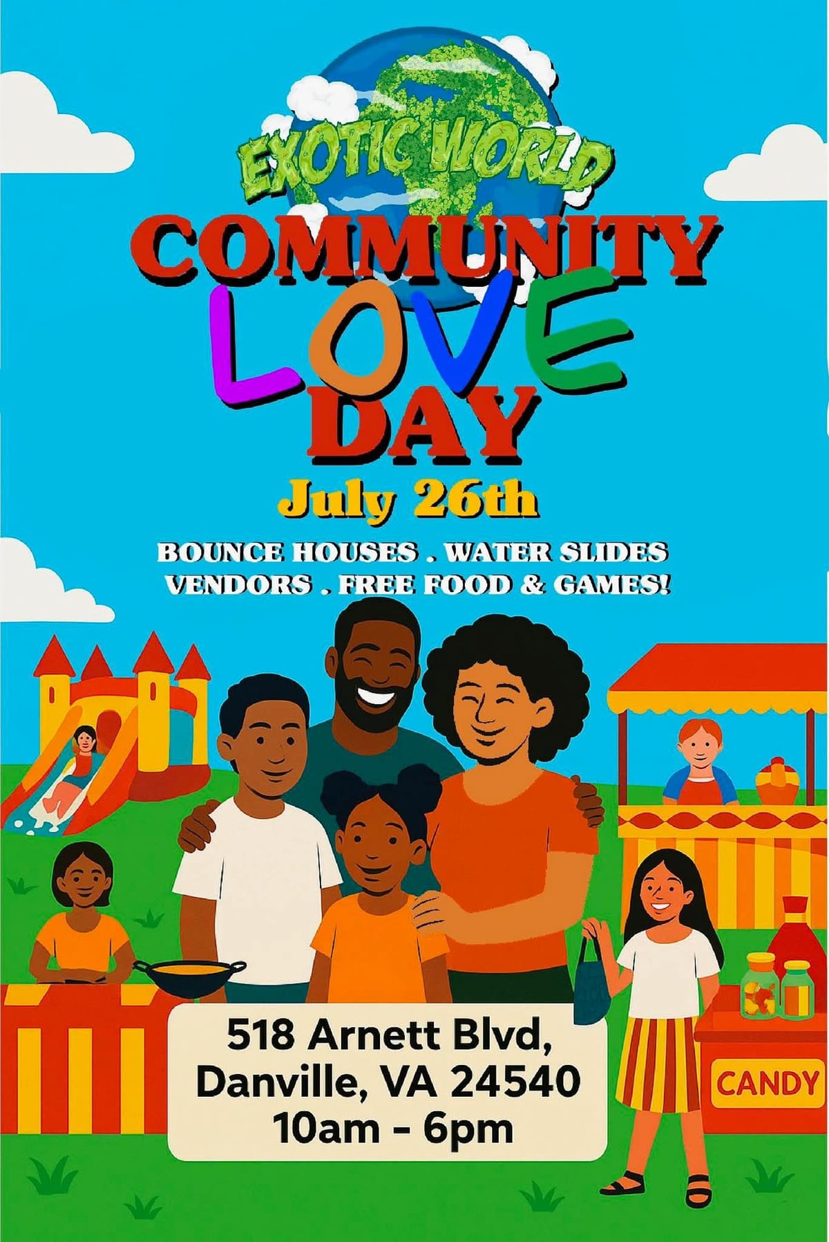Exotic World Community Love Day — free food, bounce houses, vendors at 518 Arnett Blvd, Danville VA